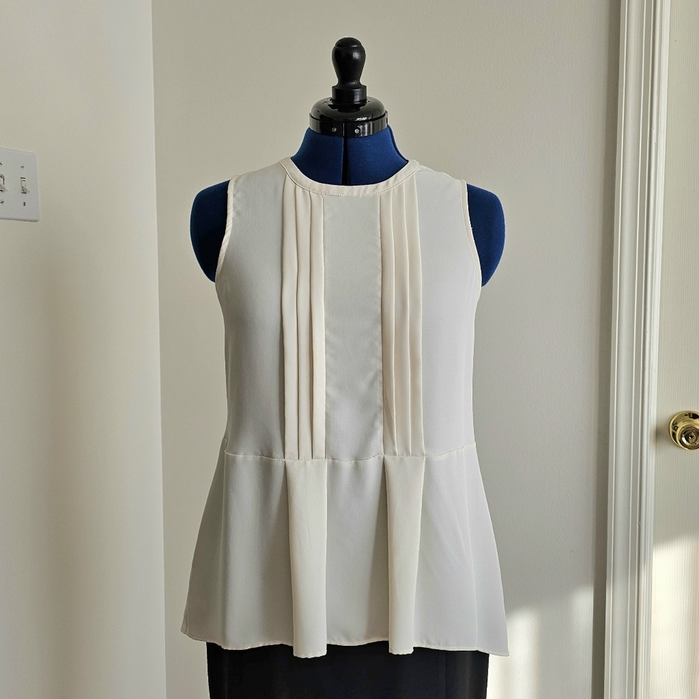 Ann Taylor Petite Ivory Peplum Top | Mixed Media Sleeveless MP Romantic Office